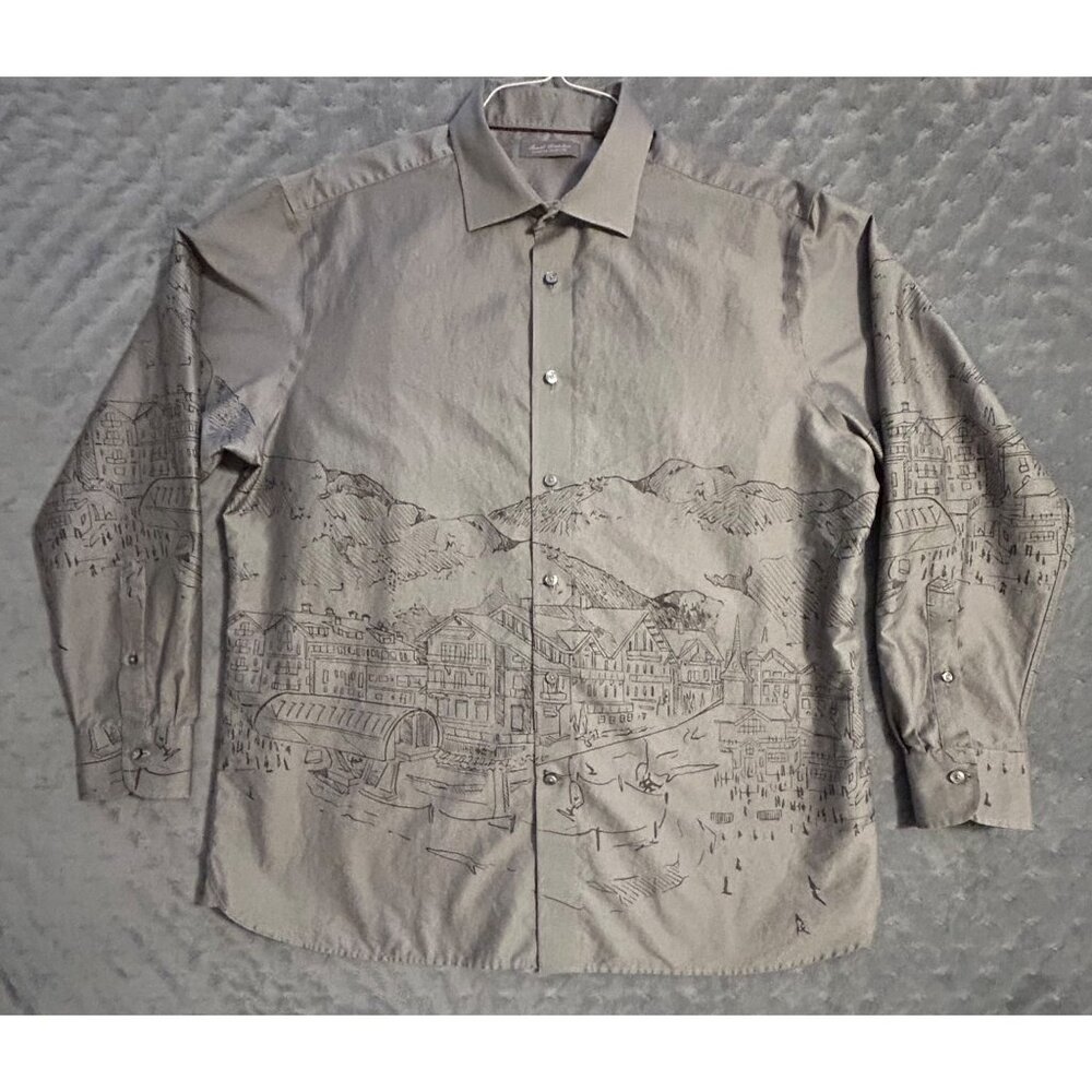 Daniel Cremieux XL Gray Button Up Shirt With Scenic Sketch Design Lightweight - Picture 5 of 7